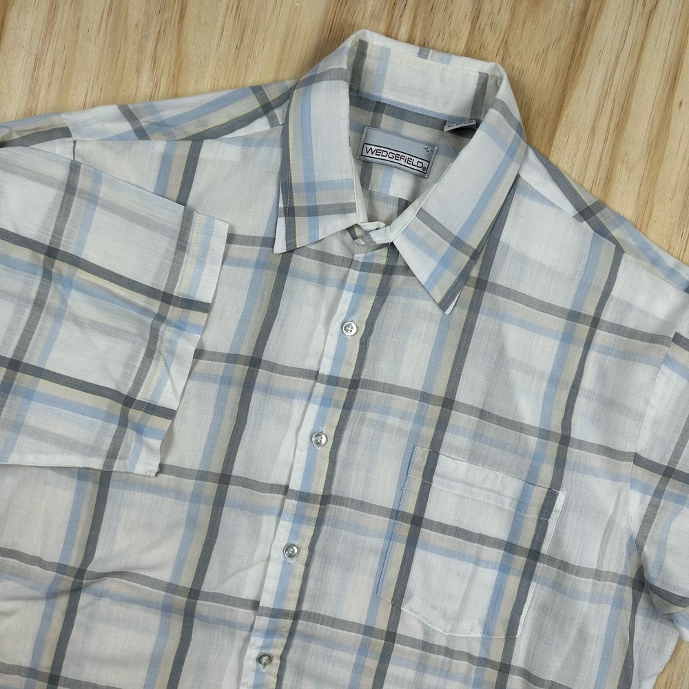 VTG 70s Wedgefield Button Shirt Disco Rockability Short Sleeve Large Thin Plaid